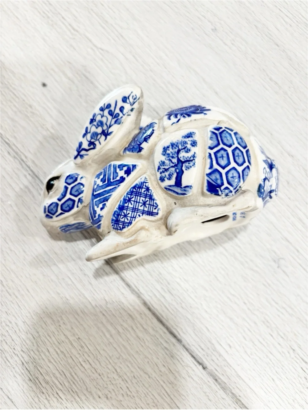 NANCY LOPEZ 1980 Blue & White Asian Pottery Mosaic Rabbit Bunny Candlestick
